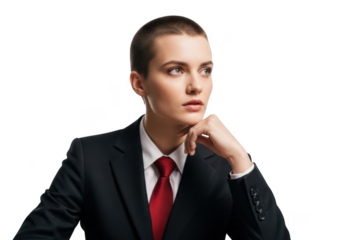 Professional businesswoman portrait with short hair in suit and red tie looking away stock photo isolated on transparent background