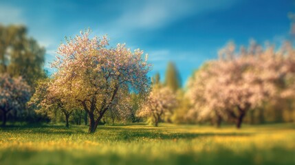Fototapeta premium Stunning Spring Scene: Blurred Landscape Featuring Blooming Trees, Lush Grass, and Clear Blue Skies
