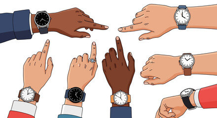 Wristwatch Hands Pointing A Diverse Collection of Timepieces and Gestures
