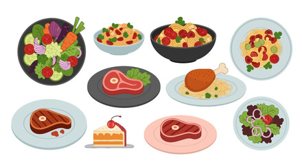 Set of delicious cartoon meals. Various plates with main courses like steak and pasta, fresh salads, and a slice of cake for dessert