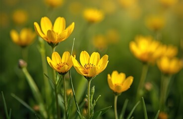 Bright yellow Aposeris foetida flowers grow in a green meadow. Delicate petals unfurl under soft light. Tiny details visible on stamens. Nature thrives in summer.