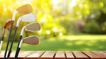 Collection of metal golf clubs rests against a wooden surface with a bright, sunny park setting in the background