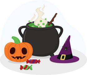 Halloween composition with carved pumpkin, cauldron of bubbling potion, witch&rsquo;s hat, spider and candies. Mysterious atmosphere still life  