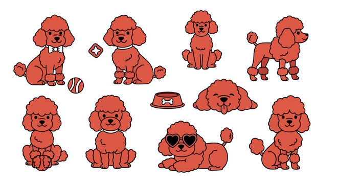 Charming collection of illustrated red poodles, depicting various delightful actions and adorable characteristics, ideal for cute animal graphics
