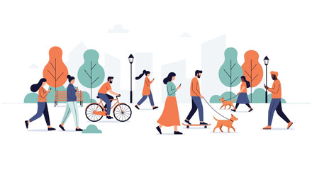 Diverse Group of People Enjoying Activities in a Green Urban Park, Vector Illustration