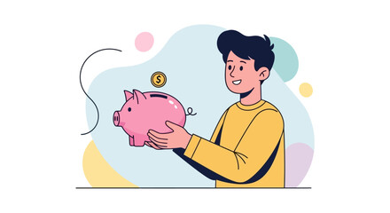 Young man carefully saving money in a piggy bank for his future financial security, illustrating smart investment and personal economic growth planning