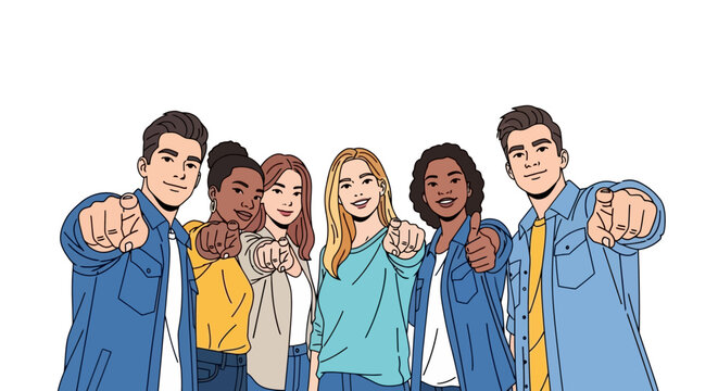 Diverse group of young adults pointing directly at the viewer with a sense of encouragement and invitation