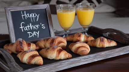 Breakfast treats and a celebratory message displayed on a serving tray suggest a special occasion morning