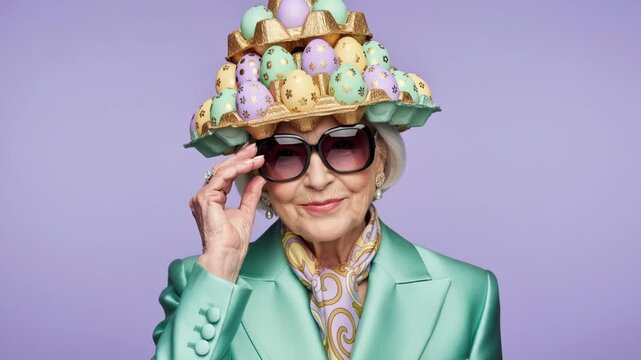 A senior woman showcases her fun personality by striking playful poses in a colorful easter egg-themed hat. She smiles and interacts with the camera, bringing joy to the scene in a vibrant studio