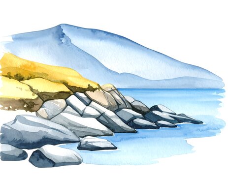 Watercolor landscape of a mountain shoreline