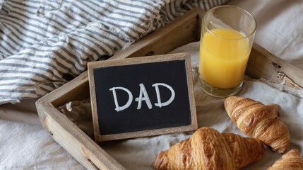 Breakfast in bed featuring baked goods and a handwritten message on a small chalkboard