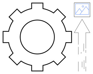 Gear outline with arrow going upward alongside a framed image, representing automation, growth, innovation, productivity, process improvement, technology advancement. Ideal for mechanical processes