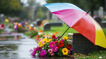 colorful umbrella leaning against gravestone, surrounded by spring flowers and freshly placed offerings, under calm, overcast sky.