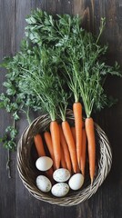 basket of orange carrots next to bunch of fresh herbs and few Easter eggs