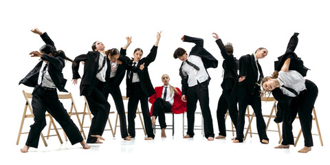 Business ensemble in expressive choreography surrounding calm red-jacket leader. Concept of leadership stability, group motion, body in motion, creative teamwork and modern office identity.