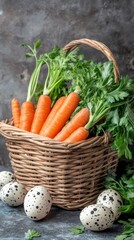 basket of orange carrots next to bunch of fresh herbs and few Easter eggs