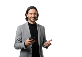 Handsome businessman in gray suit using mobile phone, smiling and gesturing, isolated on transparent background