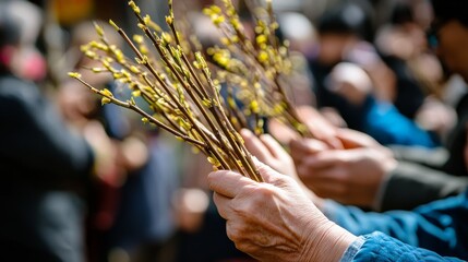 family holding willow branches as part of the Qingming ceremony, with a gravesite in background and peaceful spring surroundings.