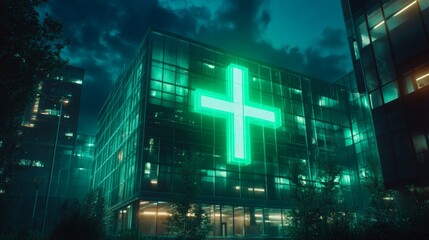green cross illuminated against a modern healthcare building, symbolizing health services, support, and care