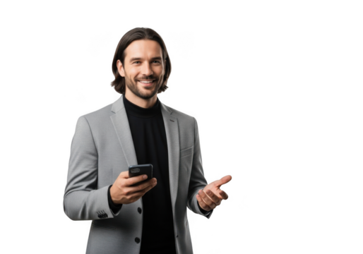 Handsome businessman in gray suit using mobile phone, smiling and gesturing, isolated on transparent background