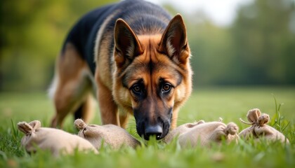 German shepherd dog sniffs burlap sacks on green grass. Canine explores scents in outdoor nature setting. Playful pet investigates objects with nose. Joyful animal explores its environment.