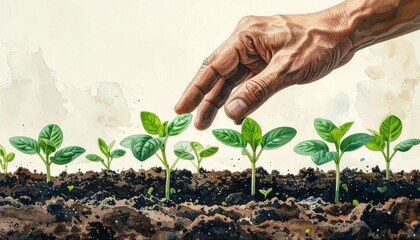 Hand planting seeds in a garden bed with young plants