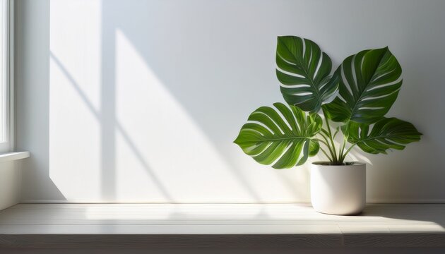 Green plant indoor room White wall sunshade window copy space Minimal lay out banner