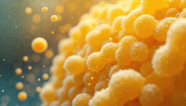 Microscopic view of yellow adipose tissue cells, fat globules, cellular structures, lipids forming body energy storage. Biology, anatomy, cells. Medical science.