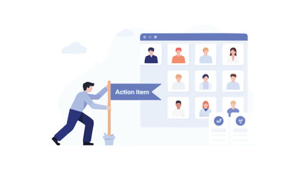 A stylized colorful vector illustration of a person planting a flag on a mountaintop symbolizing achievement success and reaching a goal