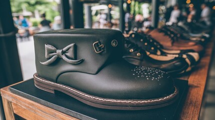 Edible confection art skillfully shaped and decorated like a fashionable ankle boot displayed indoors