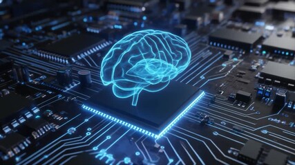 Glowing blue human brain hologram on a dark circuit board with illuminated data lines image photo - Powered by Adobe
