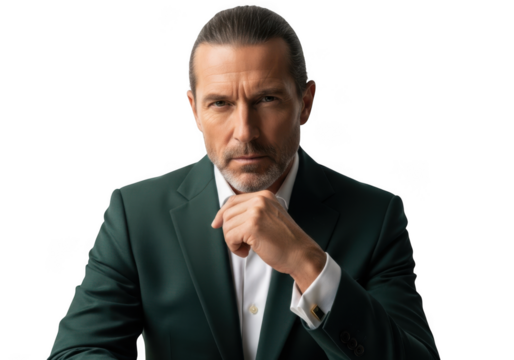 Serious businessman in green suit portrait, executive leader, professional man with hand on chin, isolated on transparent background - Powered by Adobe