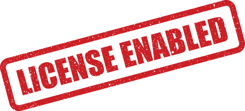 Rectangular grunge rubber stamp displaying LICENSE ENABLED text, angled with a textured appearance for software or service notifications