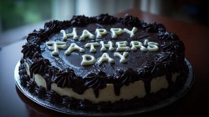 Round chocolate confection decorated with white lettering wishes is displayed indoors
