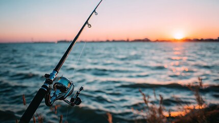 Fishing rod positioned near water during a vibrant sunset over a distant shoreline.