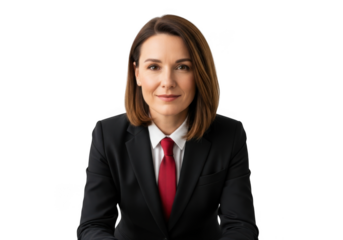Professional businesswoman portrait headshot in suit and red tie for corporate use stock image, isolated on transparent background