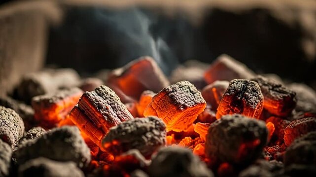 Close-up of glowing charcoal embers with warm tones and a rustic feel.