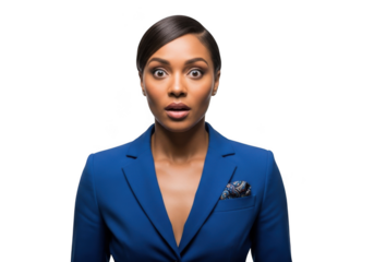 Shocked businesswoman portrait, surprised expression, blue blazer, professional woman, reaction, female, isolated on transparent background