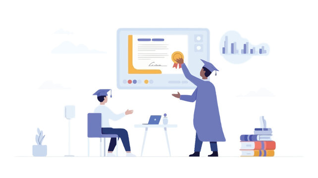 Illustration of a person s hand presenting a digital certificate symbolizing achievement recognition and online validation with a modern clean aesthetic