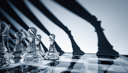 Elegant glass chess set ready for strategic competition, reflecting on the board, casting dynamic shadows, hinting at intelligence and business strategy success