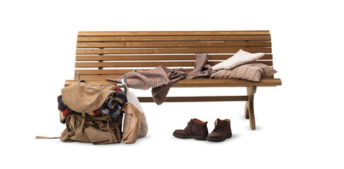Fototapeta premium Wooden Bench with Homeless Belongings and Backpack on White Background