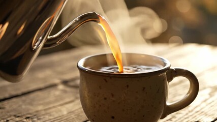 Steaming hot coffee being poured from a silver pot into a rustic ceramic mug on a wooden table creating a warm and inviting atmosphere perfect for a cozy morning ritual