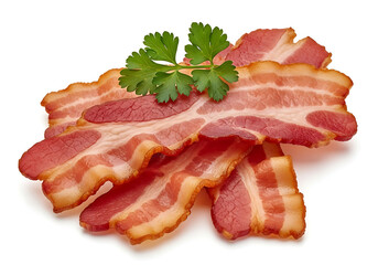 Obraz premium Crispy slices of bacon with fresh parsley garnish on white background