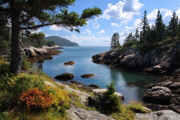 Fototapeta premium Serene Views of Duck Harbor, Isle Au Haut in Acadia National Park, Maine: A Hiker's Paradise Amidst Majestic Mountains and Tranquil Bays