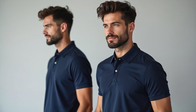 Young stylish man models crisp navy blue polo shirt. Well groomed beard, modern haircut. One man looks forward, another in profile against simple grey wall. Image highlights casual fashion, male