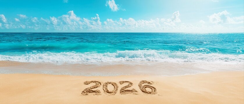 Tropical holiday banner, sandy beach, number 2026 written in sand, blue sky and ocean, banner with copy space. travel agency promotion, tour package advertising, vacation planning campaign, tourism.