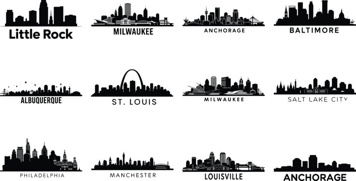 Collection of silhouette city skylines labeled with city names