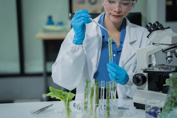 Two female scientists conduct plant experiments in a state-of-the-art laboratory, examining fresh vegetables and leaves under a research microscope to develop agricultural biotechnology,food quality