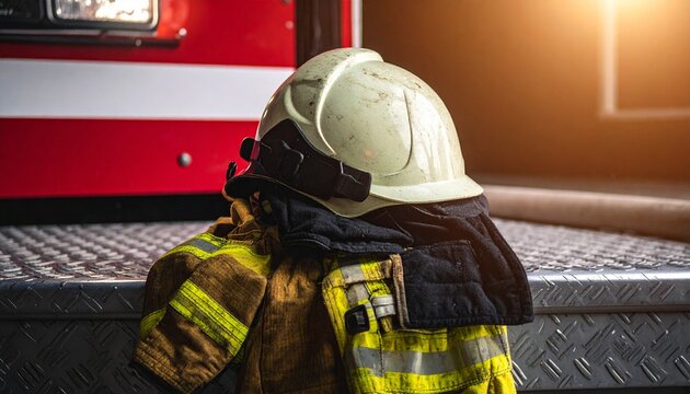 Firefighter helmet and gear on a fire truck