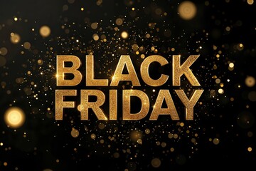 Gold or yellow colored word Black Friday with a lot of golden confetti against black background